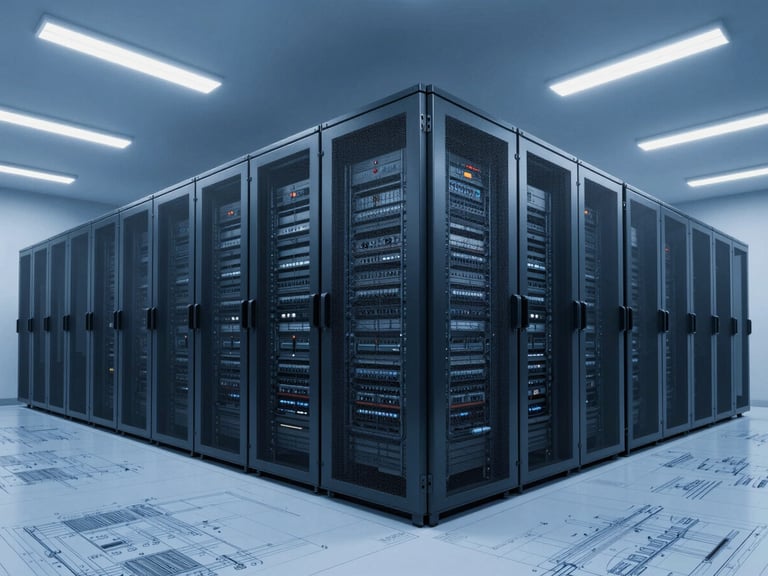 Architectural blueprint overlay on a secure data center, stark blue light, wide-angle