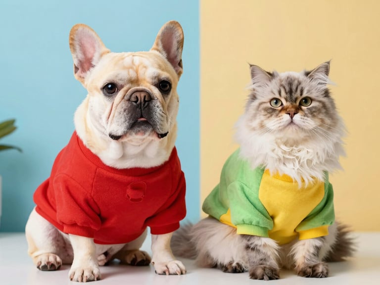 A cute French Bulldog and a fluffy Persian cat sitting side by side, wearing custom-fit matching vibrant sweatshirts, cheerful studio background, soft lighting