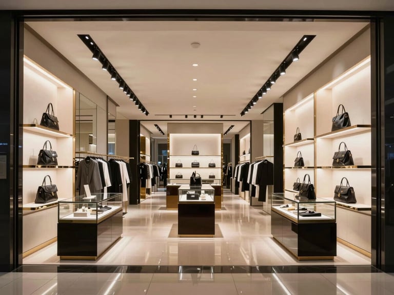 Symmetrical architectural photograph of a luxury retail store interior, polished floors, high-end display cases, dramatic spot lighting.