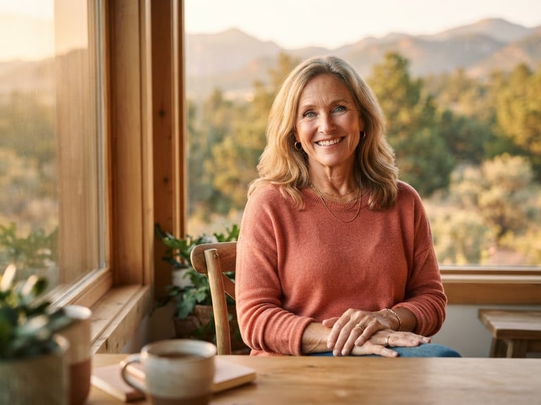 Warm editorial portrait of Kathy Basel, a holistic wellness coach in her 50s, smiling warmly, golden-hour window light, soft outdoor Colorado background, 35mm photography.
