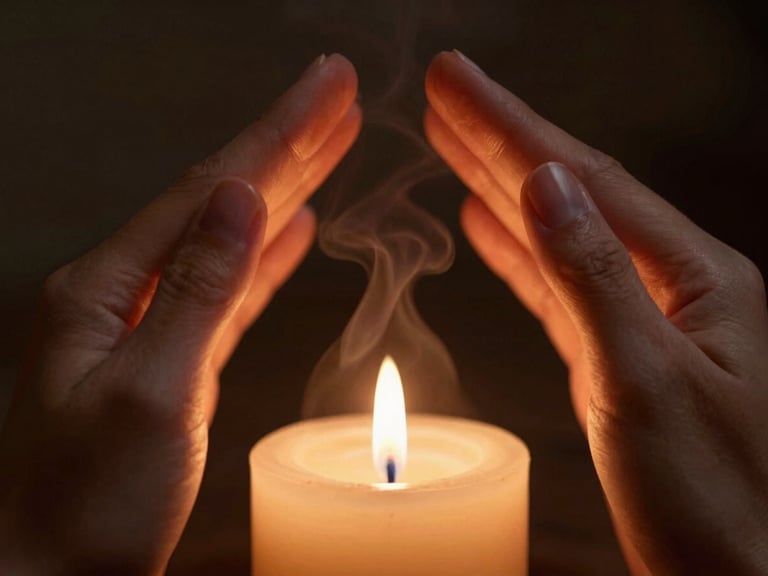 Extreme close-up of hands gently massaging temples under dim warm candlelight, rising steam, dark textured background