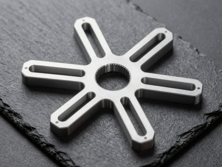 Overhead geometric layout of multiple 3D printed mechanical brackets on a dark slate technical background, cool neutral studio lighting.