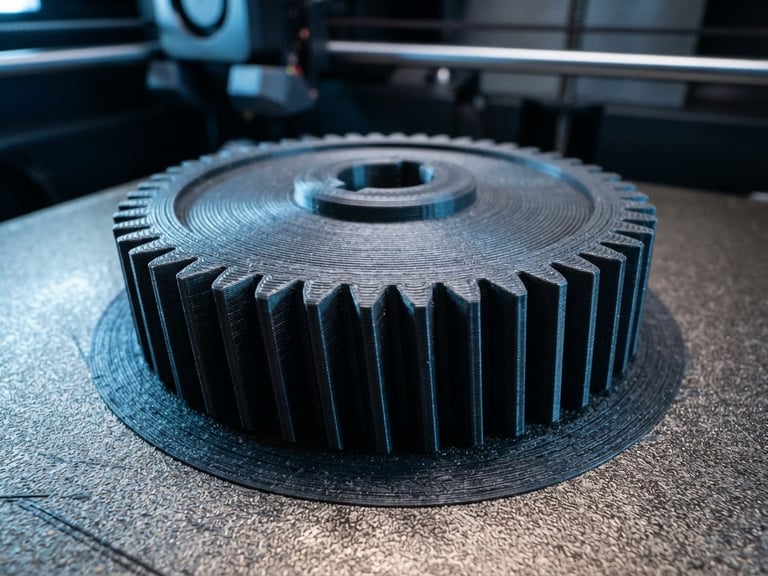 Macro close-up of a high-precision 3D printed mechanical gear on a raw print bed, side-lit with cool blue and neutral white technical studio lighting, showing clean layer lines and sharp details
