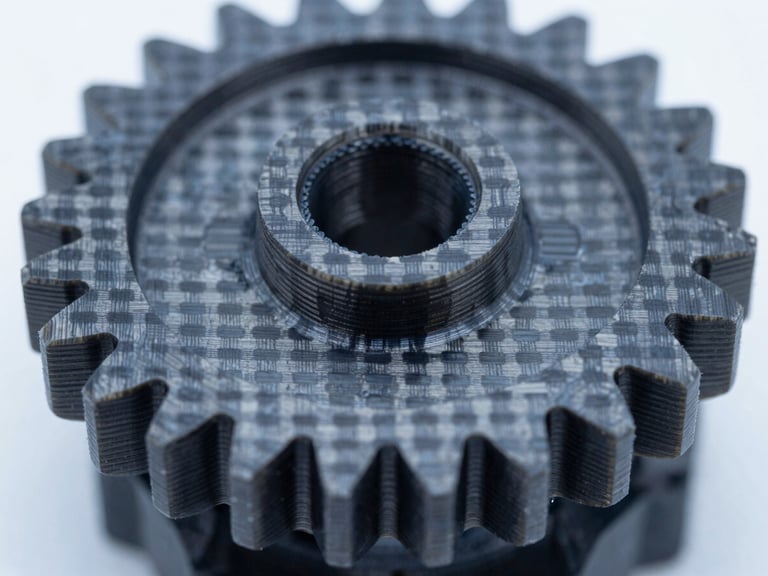 Macro close-up shot of a 3D printed carbon-fiber mechanical gear, high-contrast technical studio lighting, cool blue tones, sharp details of layers.