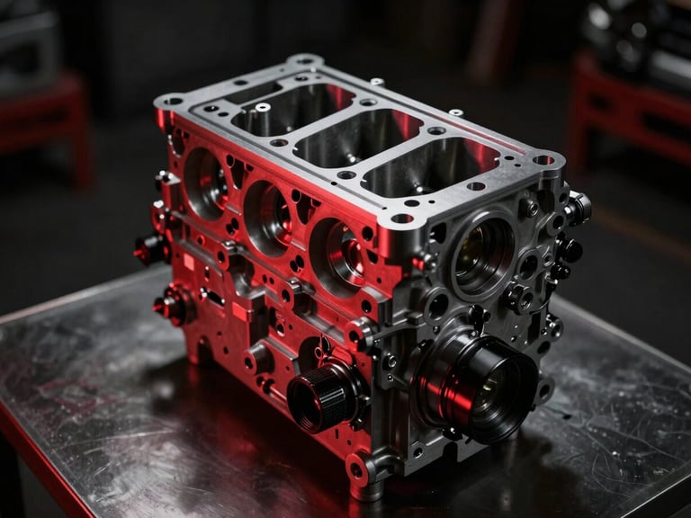 Tight macro shot of a clean, high-performance engine block on a dark metallic surface, dramatic low-key lighting, red accents, industrial automotive photography.