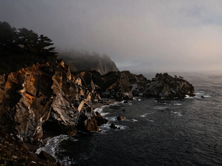 Moody coastal cliffs of Big Sur shrouded in thick fog at first light, high-contrast dark cliffs, deep charcoal water, cinematic lighting.