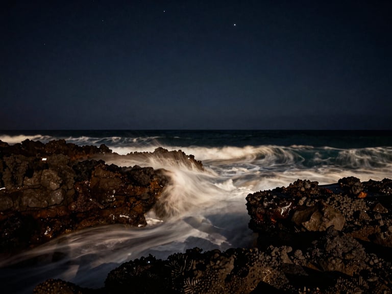Long-exposure night scene of waves crashing against dark volcanic rocks on the Central Coast, stars visible in a deep dark sky, cinematic.