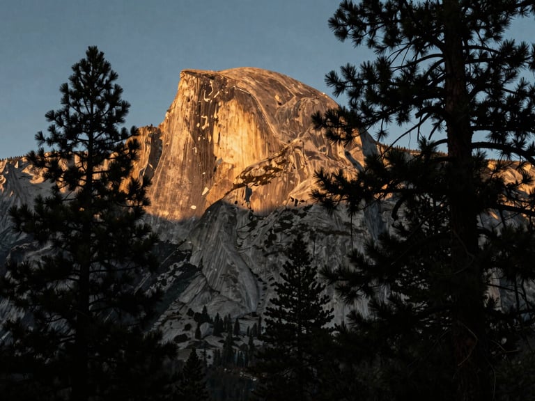Golden morning light hitting a granite mountain peak in the Sierra Nevada, ancient pine trees in the foreground, high-contrast shadows.