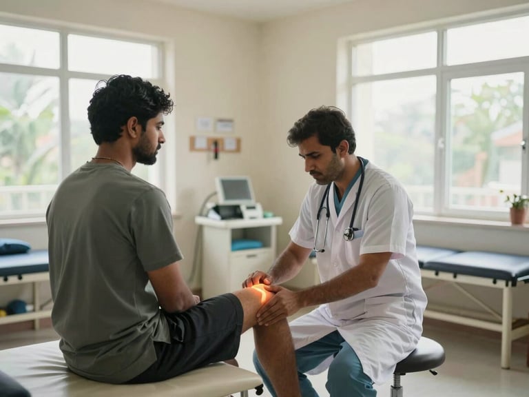 Wide environmental shot of a rehabilitation therapy room in a Pakistani hospital, an orthopaedic doctor in clinical scrubs examining a seated patient's knee joint with focused attention, natural north-facing daylight through large windows, rehabilitation equipment visible in background, authentic clinical setting