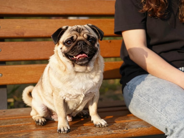 A rescued pug with a shiny coat sitting joyfully on a wooden bench next to its new owner, warm natural lighting, candid moment of connection