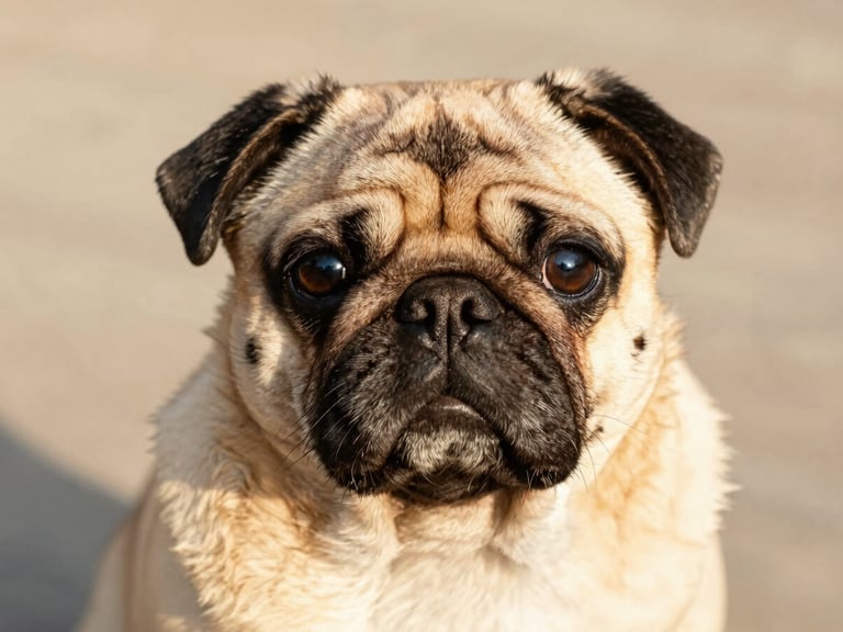 Close-up of an expressive pug looking directly at the camera with clear, bright eyes, soft natural daylight, showing detailed healthy skin folds, warm editorial style