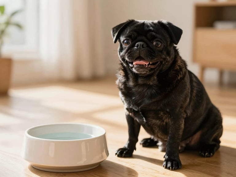 A black pug sitting happily next to a modern ceramic water bowl in a bright, sunlit room, soft warm lighting, eye-level angle, shallow depth of field