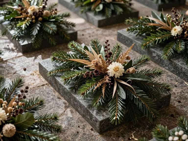 Overhead shot of premium handmade grave arrangements on natural dark stone, rich green fir branches, dried exotic flowers, soft natural daylight, deep shadows
