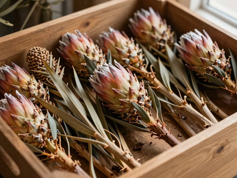 Close-up of raw exotic botanicals including dry protea and palm spears arranged neatly in a wooden wholesale crate, warm side daylight, high texture detail