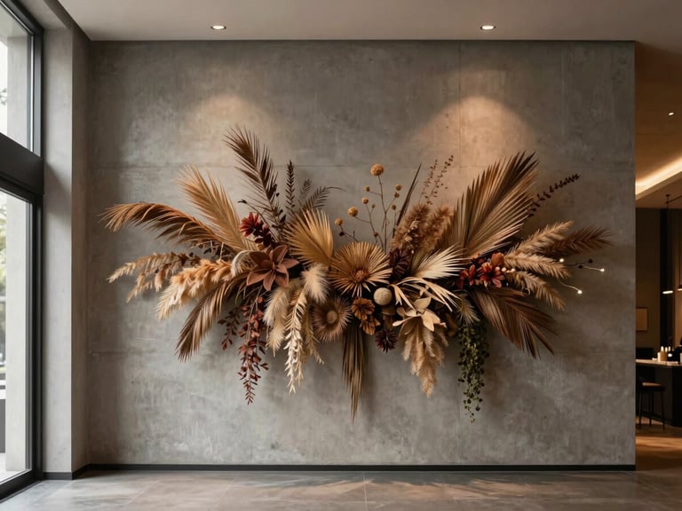 Clean modern hotel lobby with a large high-end dried botanical installation on a concrete wall, elegant minimalist design, soft directional window light