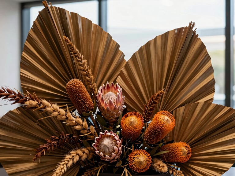 Editorial close-up of a premium corporate lobby installation featuring dried banksia, protea, and rich textured palm leaves, soft directional window light, 35mm lens