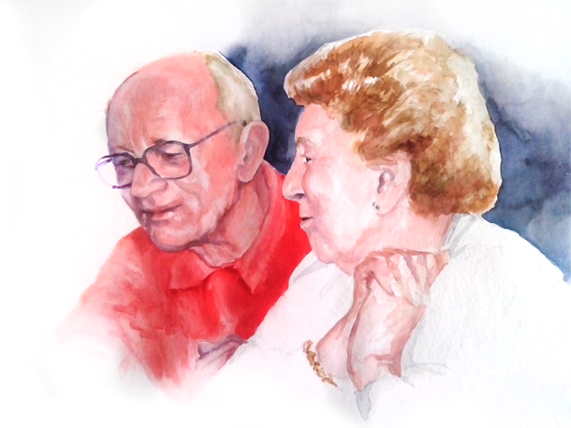 Portrait à l'aquarelle d'un couple de personnes âgées conversant ensemble, dans un style doux.