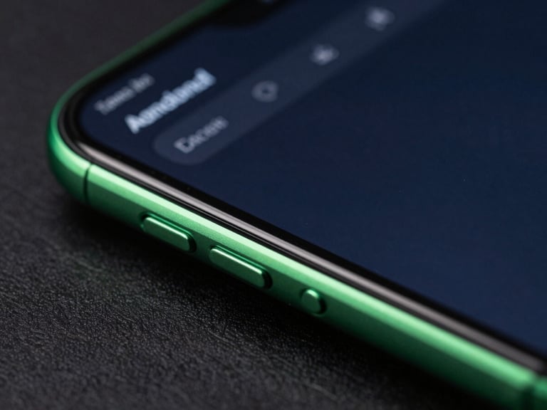 Extreme close-up macro shot of a sleek Android device displaying a clean dark-mode terminal interface, neon green rim lights reflecting off the curved glass edge, sharp focus