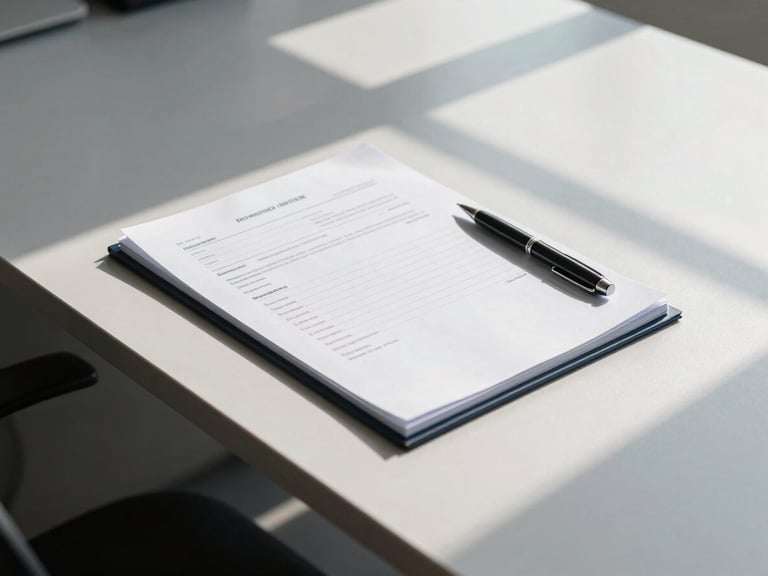 Clean corporate desk with structured documents, a pen, and architectural shadows, bright natural daylight, cool slate tones, 35mm