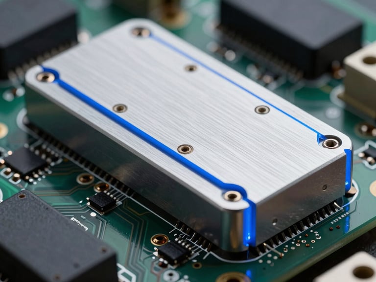 Macro shot of a ruggedized military-grade circuit board with CNC-milled aluminum enclosure, sharp blue rim lighting on precise solder joints, cold metallic tones.