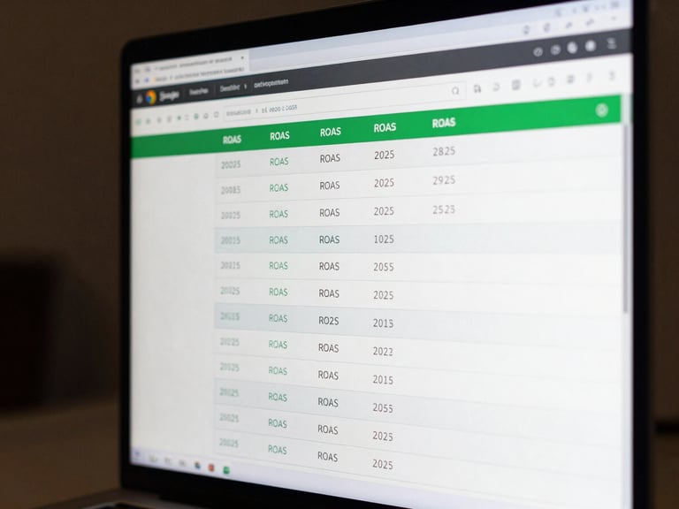 Close-up of a computer monitor displaying a Google Ads campaign dashboard with clear ROAS and conversion metrics, sharp studio lighting, readable KPI numbers in green and white against a dark interface, tight framing on the screen