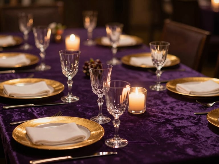 Close-up of an elegant banquet table setting, deep purple velvet runner, gold-rimmed plates, glowing candles casting warm highlights on crystal glasses, 50mm lens.