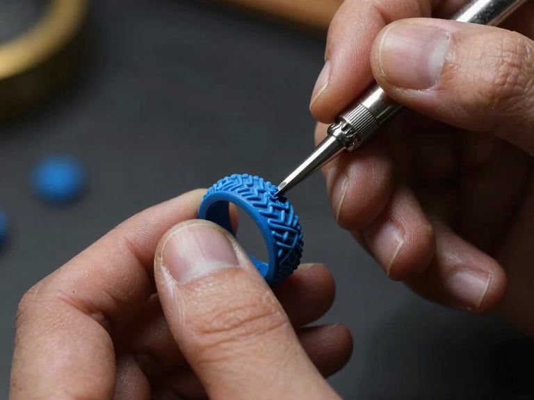 Macro close-up of artisan hands carving a detailed ring mold from blue wax using a fine silver tool, focus on the shavings