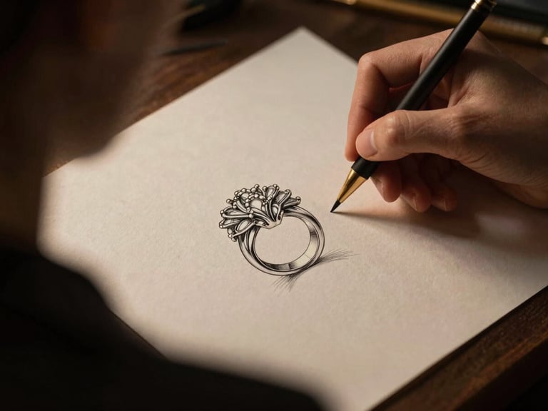 Intimate over-the-shoulder shot of a jewelry designer sketching a complex floral ring on textured cream paper, soft warm side-lighting