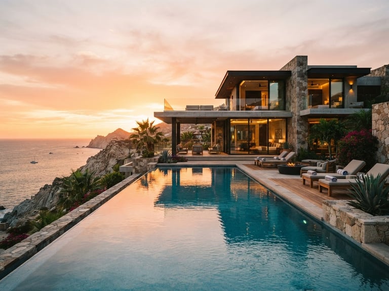 Wide environmental architectural shot of a modern luxury villa overlooking the ocean at golden hour, warm light reflecting off a pristine infinity pool.