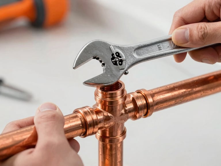 Macro photography of hands tightening a copper pipe joint with a wrench, clean modern kitchen background, high contrast warm orange tones, sharp focus