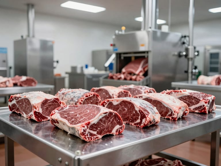 Wide shot of a modern stainless-steel beef processing facility in Durango, cool crisp industrial lighting, sterile environment, 35mm photography