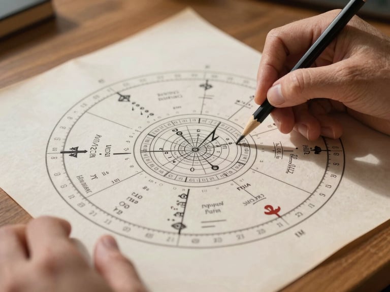 Close-up of hands using a pencil to annotate a printed natal chart wheel on a wooden desk, north-facing daylight casting soft shadows, chart lines and planetary glyphs in sharp focus, plain parchment-toned paper