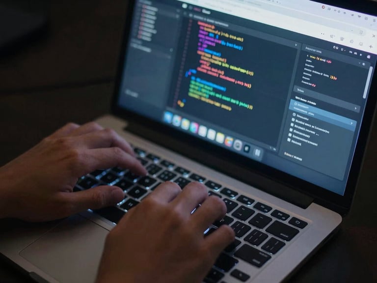 Overhead shot of a laptop keyboard with hands typing, screen showing a web browser with a full-screen code editor. Screen-glow reflecting on hands. Moody tech photography, macro lens.