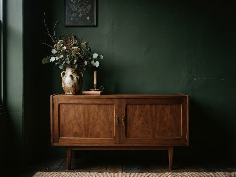 Moody editorial interior photography, natural side daylight, a vintage walnut cabinet against a deep forest green wall, textured ceramic vase, 35mm