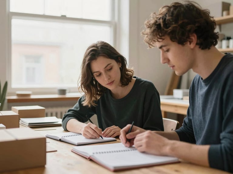 Two people in a bright, warm workshop examining products on a wooden desk, notebooks and boxes around, natural window light, authentic team dynamic
