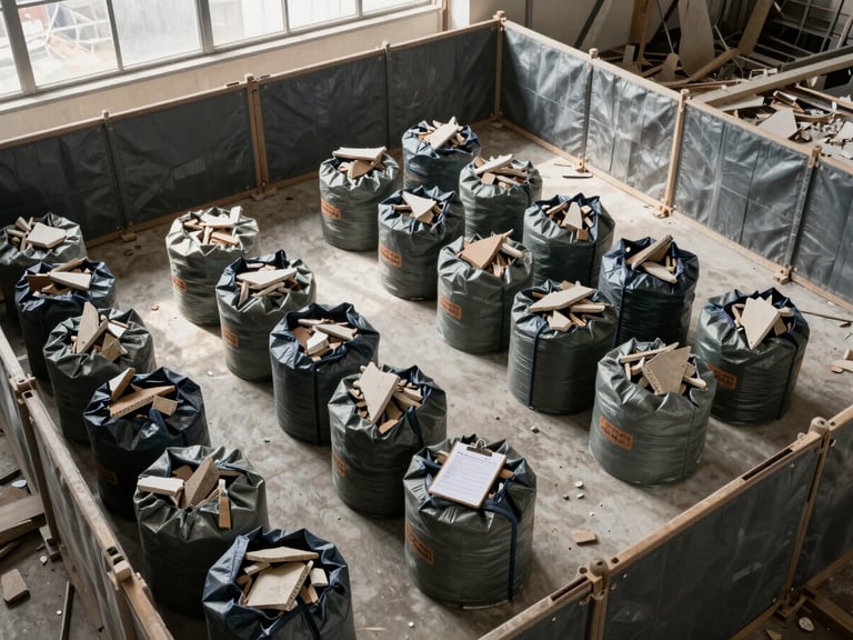 Tightly framed overhead documentation shot of a demolition containment area — sorted rubble in labelled skip bags arranged on a polished concrete floor, protective barriers along the perimeter, a single clipboard with a site checklist resting on a bag, natural daylight from a high clerestory window, no people, the frame reads as organised post-demolition staging