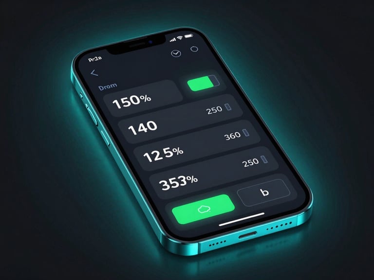 Sleek portrait mockup of an Android phone screen displaying battery optimization metrics and smooth gameplay frames, neon cyan lighting, bleeding off the left edge.