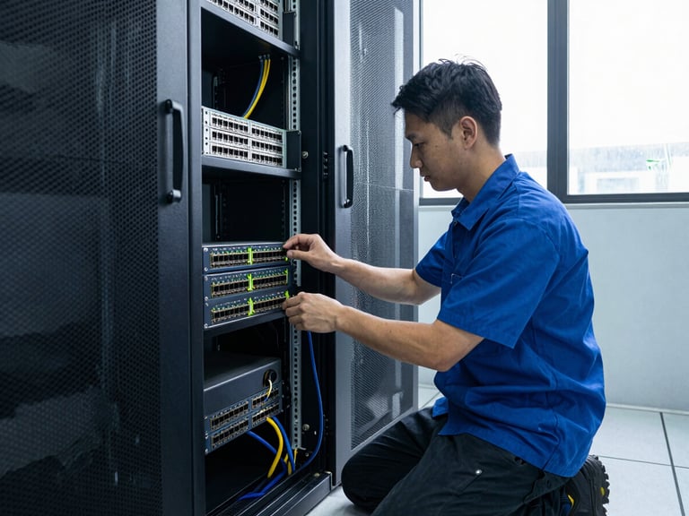 Wide environmental shot of a technician in a clean server room kneeling beside an open rack, installing a network switch, cool north-facing daylight through a frosted window, organized cable management visible in the background