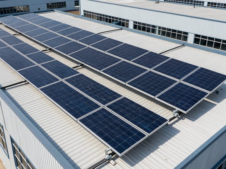 Large solar array installed on a modern flat-roof industrial building, panels catching direct midday sunlight, neat cable routing visible along the mounting rails, sharp focus
