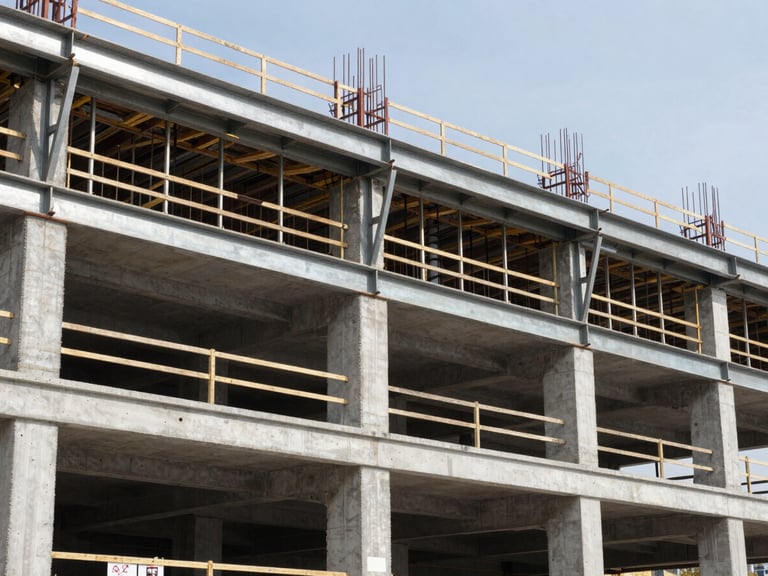 Wide environmental shot of an industrial building under construction, sharp daylight, steel beams and concrete structures visible, crisp technical focus, 35mm lens