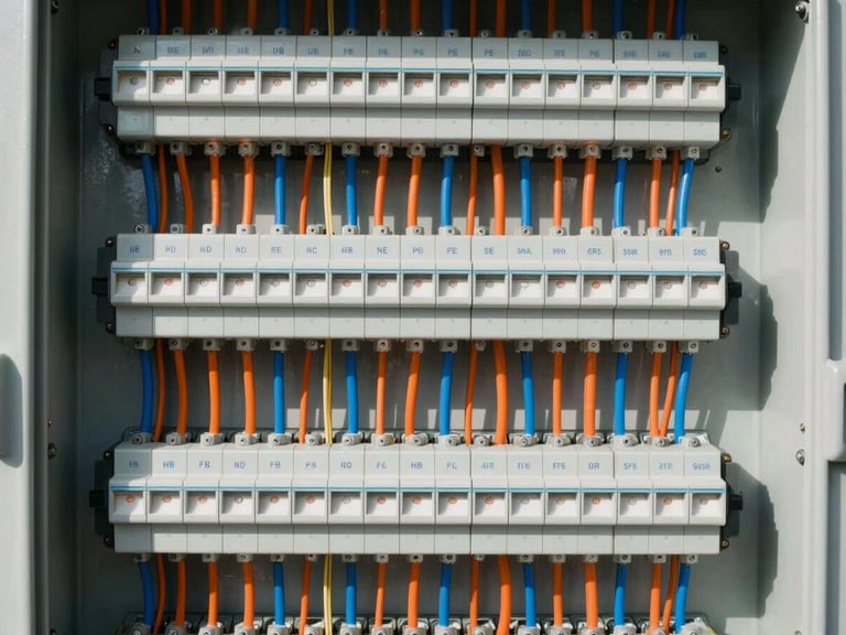 Close-up of a perfectly organized industrial electrical panel, neat parallel wiring in orange and blue channels, switches labeled clearly, high-contrast work light