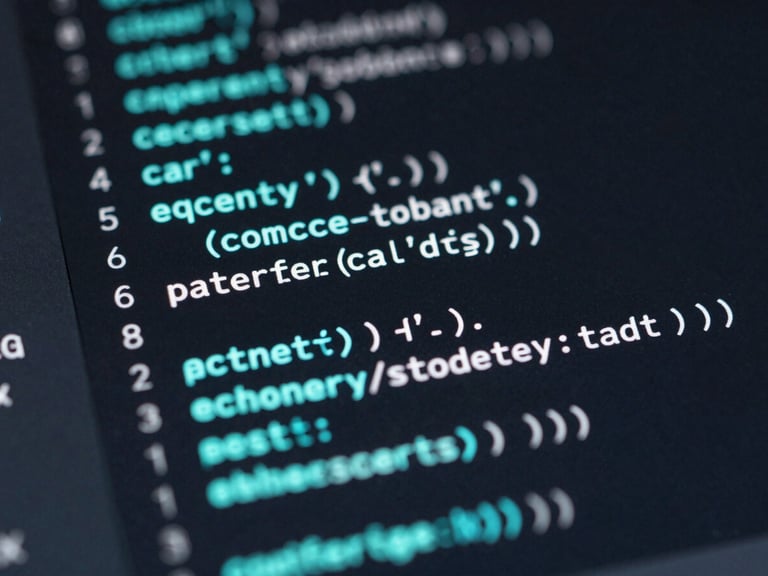 Macro shot of a high-contrast code editor on a dark screen with sharp electric cyan highlights, shallow depth of field, cool editorial photography, 35mm