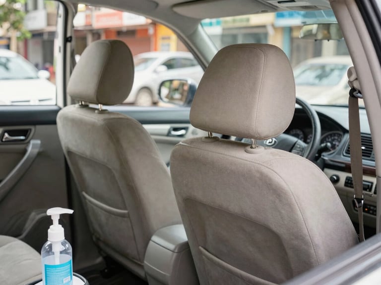 Clean car interior, focusing on the back seats and headrests, bright natural light, showing sanitizing wipes on the dashboard, 35mm.