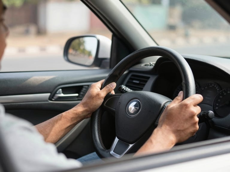 Close-up of a professional driver's hands on a steering wheel, clear view of the road ahead, bright daylight, 35mm.