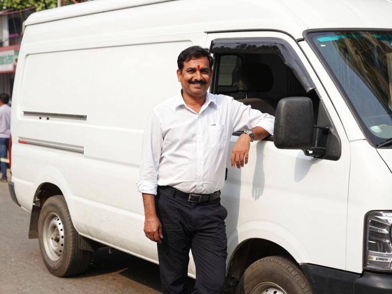 A professional driver smiling, standing beside his clean white cab, with a blurred Patna street scene in the background, natural daylight, 35mm.