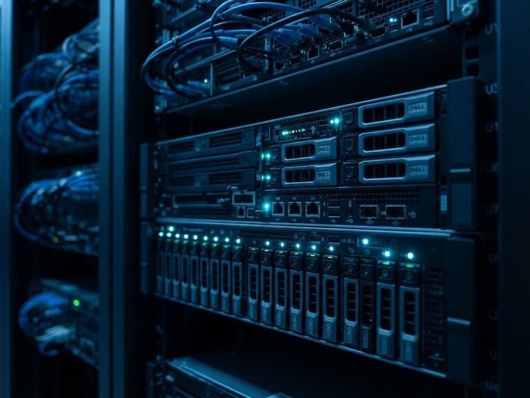Sleek technical photography of a modern server rack with glowing cyan status lights, sharp macro focus, cool ambient lighting, deep blue tones.