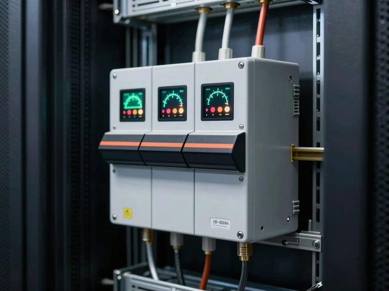 A clean, wall-mounted automatic transfer switch and heavy-duty battery backup system in a dedicated server room, with clear digital status panels displaying voltage metrics under soft utility lighting.
