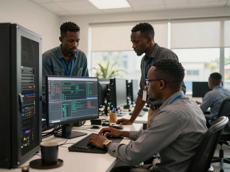 Wide shot of a modern Liberian office environment with IT specialists collaborating around a server diagnostic screen, warm natural light.