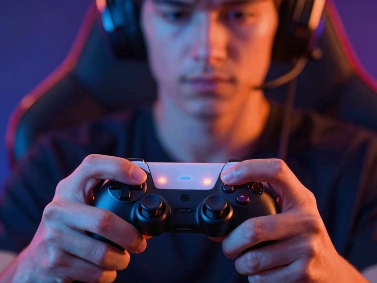 Close-up of a focused gamer's hands on a controller, colorful LED reflections on their face, saturated neon ambient light, tight crop, vibrant cobalt and orange tones, sharp focus, 35mm
