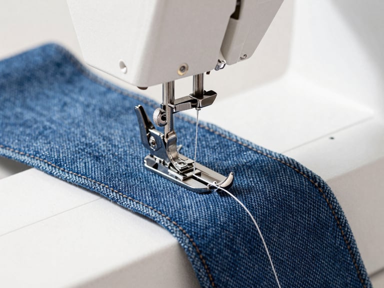 Bright natural daylight close-up of a high-end sewing machine needle threading through heavy raw denim, crisp focus on the metal needle, macro textile details, 35mm